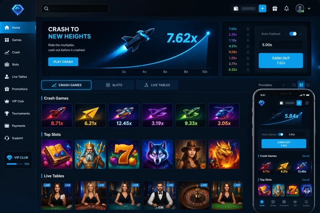 Silverplay Casino auf dem Smartphone mit geöffnetem Crash-Game und Multiplikator-Anzeige
