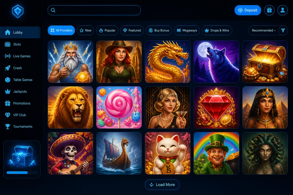 Spiellobby von Silverplay mit Kategorie-Reitern, Provider-Filter und Slot-Kacheln